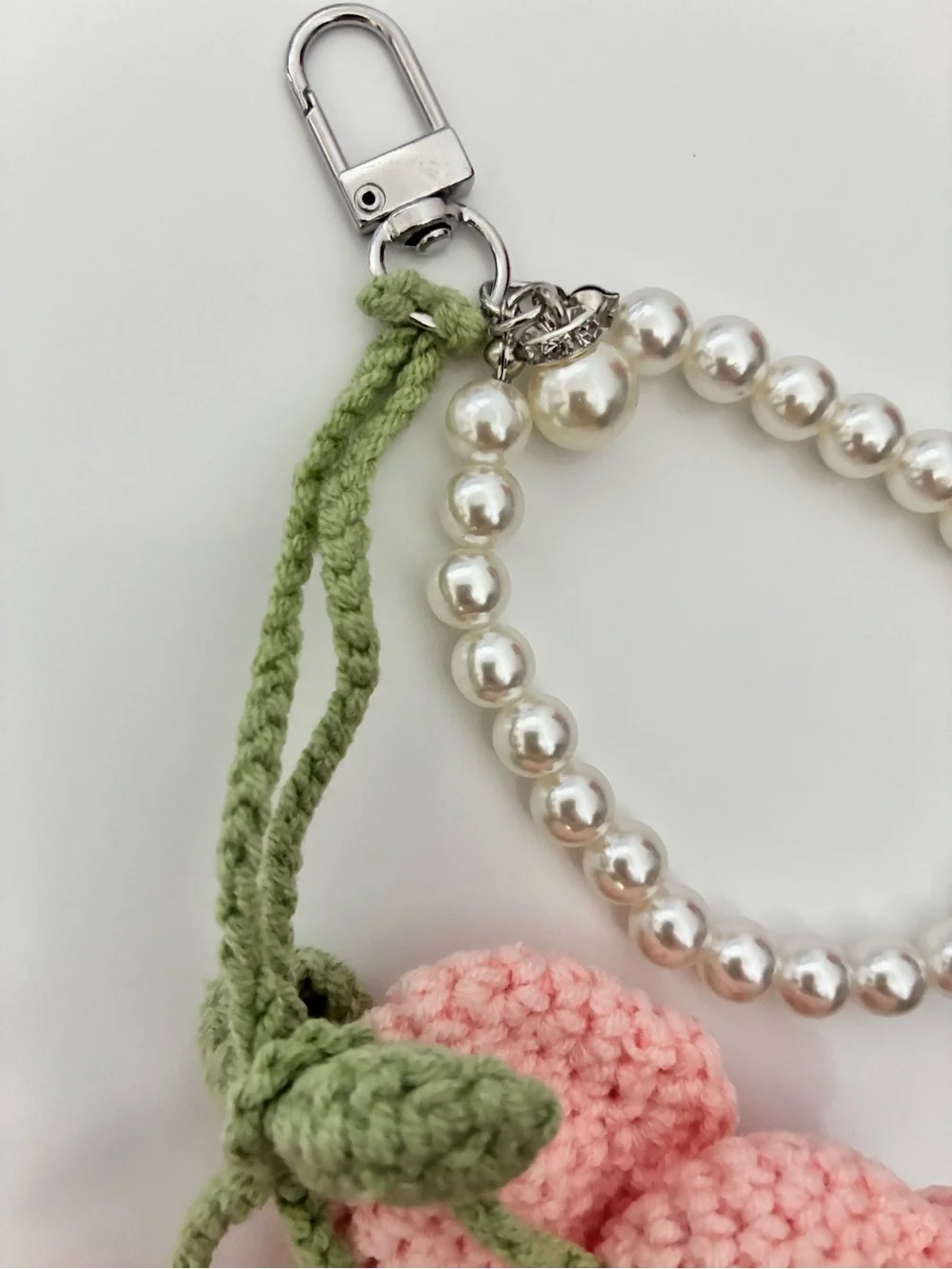 Pink Crochet Cherry Keychain Wristlet with Pearl Beads